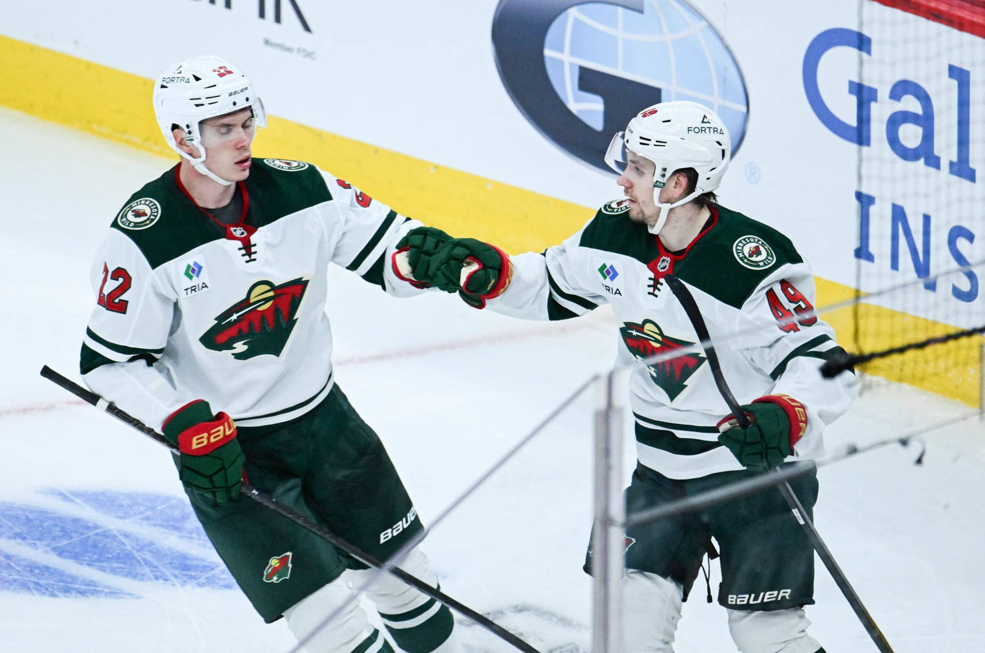Maxim Shabanov celebrates with Minnesota Wild teammates in 2026